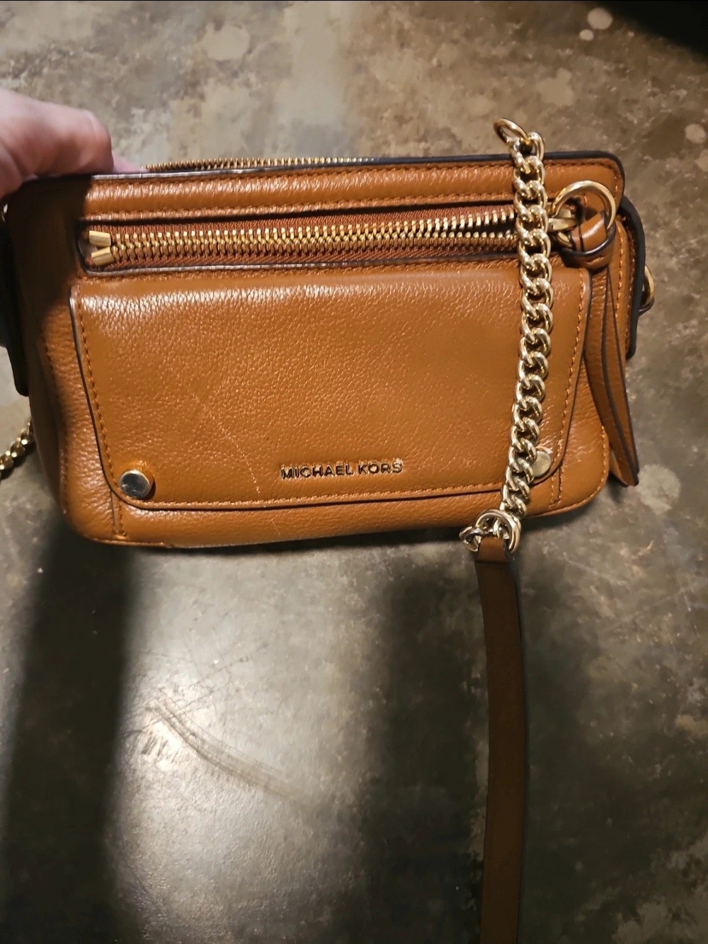 Michael Kors Cognac Leather Crossbody with Gold Chain Strap